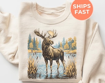 Moose Sweatshirt: Vintage Nature Lover Sweater, Hiking Camping Crewneck, Aesthetic Outdoor Shirt