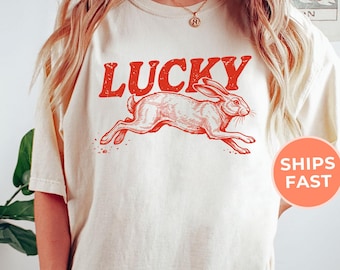 Lucky Rabbit Graphic Comfort Colors® Tee: Good Luck Shirt, Retro Boho Shirt, Aesthetic Trendy T-shirt