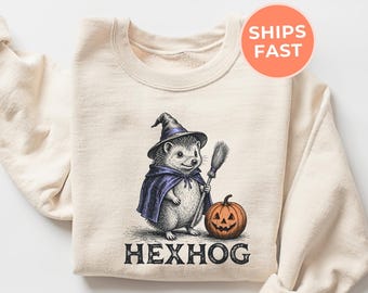 Halloween Hedgehog Sweatshirt: Funny Witch Sweater, Spooky Season Crewneck Shirt