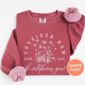May include: Crimson-colored sweatshirt with the text "CONSIDER HOW the wildflowers grow" and the reference "LUKE 12:27" in white. The design includes a floral illustration. The sleeves have a pink, fuzzy lining.