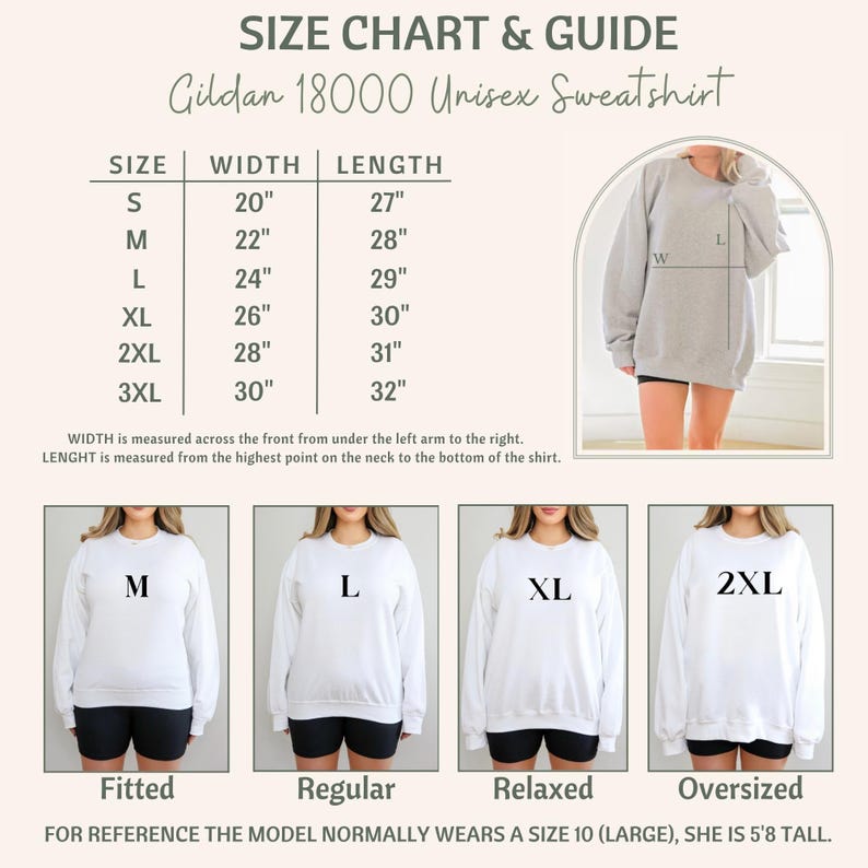 May include: Size chart for a Gildan 18000 unisex sweatshirt. Measurements are in inches. The chart includes sizes S to 3XL, with corresponding width and length measurements. The image also shows how the sweatshirt fits in different styles: fitted, regular, relaxed, and oversized.