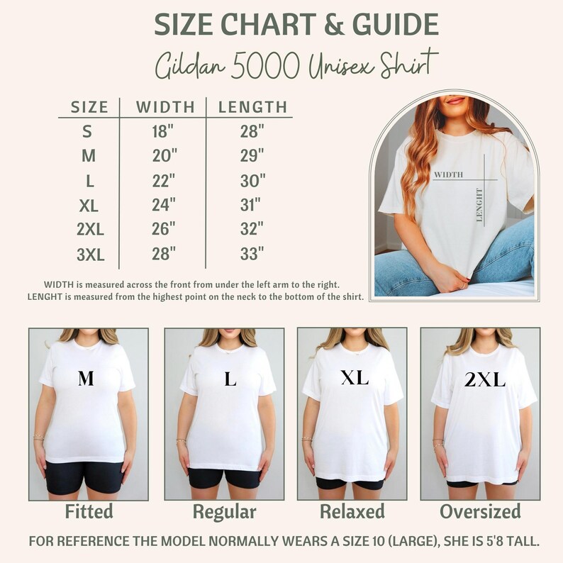 May include: Size chart and guide for a Gildan 5000 Unisex Shirt. The chart shows measurements for sizes S to 3XL, with width and length in inches. The image also shows how the shirt fits in different styles: Fitted, Regular, Relaxed, and Oversized.