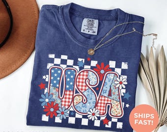 Retro USA Graphic Comfort Colors® Tee: Patriotism Shirt, 4th of July Tshirt, Preppy Patriotic Gift For Women