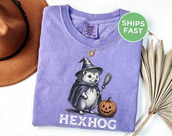 Halloween Hedgehog Long Sleeve Shirt: Comfort Colors Funny Witch Tees, Spooky Season Tshirt