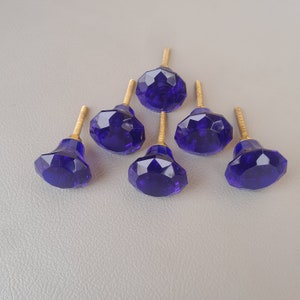 vtg blue victorian diamond cut glass drawer knob handle pull 6PC