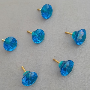 vtg blue victorian diamond cut glass drawer knob handle pull 1.6&quot; set 6PC
