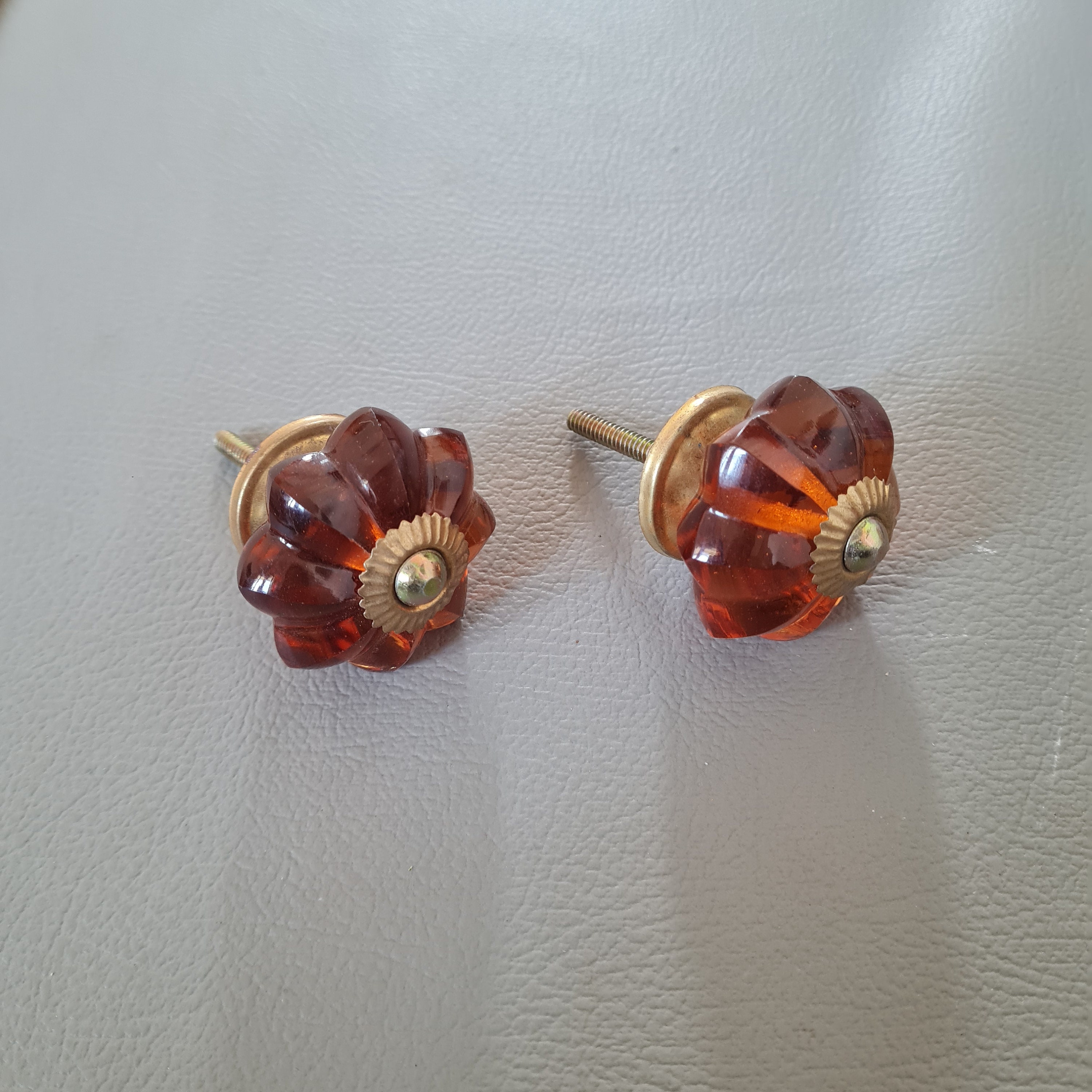 Vintage Brass floral Amber honey cut glass drawer knob handle pull Handmade 2pcs