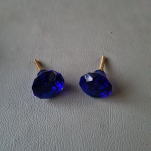 Vintage blue victorian diamond cut glass drawer knob handle pull 2.2&quot; 2pcs