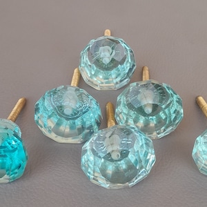 vtg aqua blue victorian diamond cut glass drawer knob handle pull 6PC