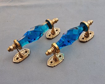 VTG Victorian Handmade brass n glass Aqua blue art decor door handle 2pcs