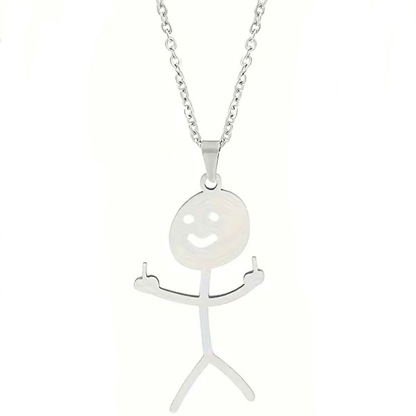 Stickman Middle Finger Necklace Silver | Hand Gesture Pendant | Cartoon Doodle | Stickman | Necklace