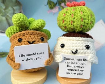 Crochet Mini Cactus Flower with Positive Quote-Handmade Finished Crochet Succulent Plant Cacti-Crochet Desk Ornaments-Gifts of Encouragement