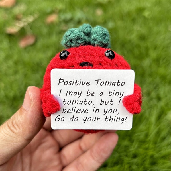 Handgemachte gehäkelte Tomate, gestrickte Tomate mit positivem Zitat, gehäkelte Dekoration, positive Tomate, Pflegegeschenk, Geschenk für sie, häkeln Sie Accessoires