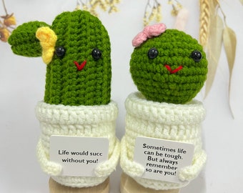 Emotional Support Cactus Flower with Positive Quote-Handmade Finished Crochet Succulent Plant-Crochet Desk Ornaments-Gifts of Encouragement