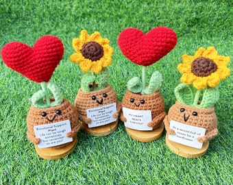 Lovely Crochet Sunflower/Red Heart Potted Plant with Positive Quote-Emotional Support Plant-Desk Flower Decor-Mother’s Day Gift-Gift for her