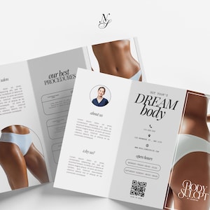 Canva, Ulotka Składana, Szablon, Ulotka Piękno, Elegancki Szablon, Salon Piękności Ulotka, Medycyna Estetyczna Ulotka, Rzeźba ciała Ulotka