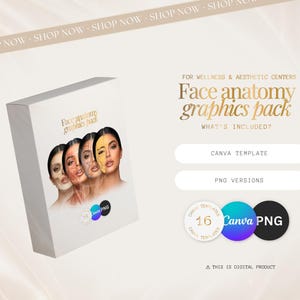 Peut inclure: Une bo&icirc;te blanche avec le texte "Face anatomy graphics pack" et des illustrations de visages. Le texte comprend "For Wellness & Aesthetic Centers", "Canva Template" et "PNG Versions". Il s'agit d'un produit num&eacute;rique.