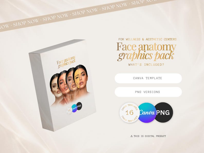 Peut inclure: Une bo&icirc;te blanche avec le texte "Face anatomy graphics pack" et des illustrations de visages. Le texte comprend "For Wellness & Aesthetic Centers", "Canva Template" et "PNG Versions". Il s'agit d'un produit num&eacute;rique.