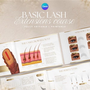 Peut inclure: Un manuel de formation numérique intitulé Basic Lash Extensions course, entièrement modifiable et imprimable. Les pages présentent des schémas du cycle de croissance des cils, des coupes de structure capillaire, des yeux et des techniques d'éventail.