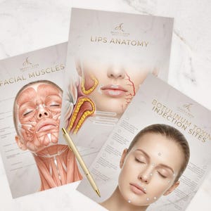 Puede incluir: Tres carteles educativos con ilustraciones anatómicas y texto. Un cartel muestra los músculos faciales, otro la anatomía de los labios y el tercero los sitios de inyección de toxina botulínica. Un bolígrafo dorado descansa sobre los carteles.