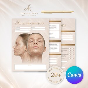 以下が含まれることがあります： 女性の顔のイラストが描かれた「Facial Injection Plan」ドキュメントを備えた美容スタジオのデザイン。 デザインには、金のペン、「Canva」のロゴ、およびテキスト「20+ Canva Templates」が含まれています。 配色はベージュとゴールドです。