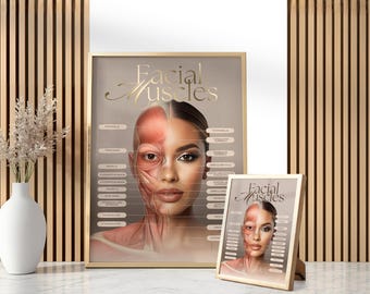 May include: A framed poster and a smaller framed print displaying a detailed anatomical illustration of facial muscles. The artwork features a woman's face, with one side showing the muscles and the other side showing the skin. The text "Facial Muscles" is at the top.