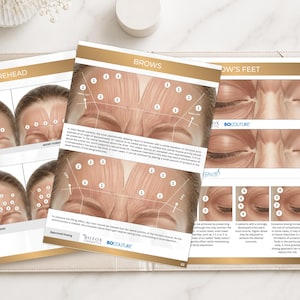 May include: An educational medical chart featuring anatomical diagrams of the human face, specifically the forehead, brows, and crow's feet. The document includes numbered injection points, text labels, and the logos for Botox Cosmetic and Bocouture.