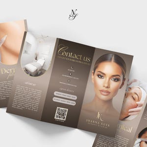 Puede incluir: Un folleto de Joanna Keys Beauty Studio, que presenta tratamientos de belleza y el rostro de una mujer. El folleto incluye el texto "Contáctenos" y "Horario", además de un código QR. La combinación de colores es principalmente marrón y dorado.