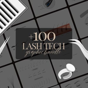 以下が含まれることがあります： まつげエクステのツールと図解が描かれたイラスト。ピンセット、まつげトレイ、接着剤用のリングが含まれています。「+100 LASH TECH graphic bundle」と書かれたテキスト。背景は灰色の正方形のグリッドです。