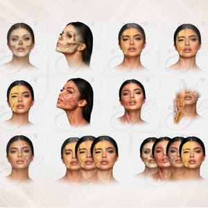 Peut inclure: Une collection d'illustrations repr&eacute;sentant l'anatomie du visage humain. Les images montrent diff&eacute;rentes &eacute;tapes du visage, y compris la structure squelettique, les muscles et les couches de la peau. Les illustrations sont d&eacute;taill&eacute;es et r&eacute;alistes.