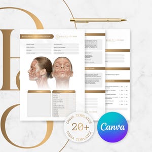 Può includere: Documenti di carta bianca con dettagli dorati, etichettati come "Botulinum Toxin Application" e "Beauty Studio". I documenti presentano illustrazioni anatomiche di un volto e includono il logo Canva e il testo "20+ Canva Templates".