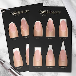 Op de afbeelding: Twee zwarte kaarten met illustraties van verschillende nagelvormen, waaronder ovaal, amandel en stiletto. De kaarten zijn in gouden letters beschreven met "Nail Shapes". Een nagelvijl en een nagelboor zijn ook zichtbaar.