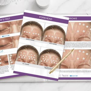 May include: Educational medical charts detailing facial injection sites for Botox, Bocouture, and Azzalure, featuring anatomical diagrams of the forehead, brows, and crow's feet with numbered dosage points, accompanied by a gold-toned ballpoint pen.