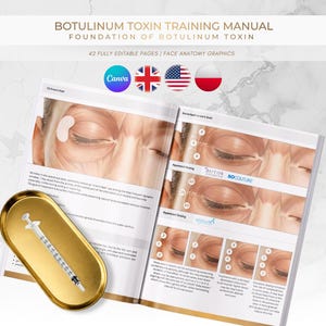 Puede incluir: Un manual de formación abierto titulado "BOTULINUM TOXIN TRAINING MANUAL" con el texto "FOUNDATION OF BOTULINUM TOXIN" y "42 FULLY EDITABLE PAGES | FACE ANATOMY GRAPHICS". El manual muestra gráficos de anatomía facial. Una bandeja dorada contiene una jeringa.