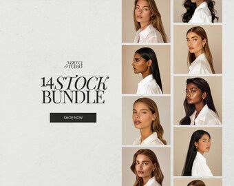 May include: A collage of photos featuring women wearing white shirts and gold earrings. The text "NOOVA STUDIO 14 STOCK BUNDLE SHOP NOW" is displayed below the photos.
