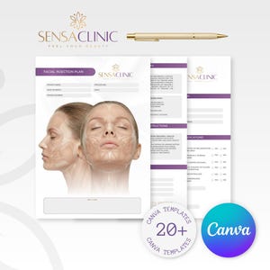 以下が含まれることがあります： SensaClinicのプロモーション画像。顔面注射計画テンプレート。デザインにはペン、ロゴ、女性の顔のグラフィックが含まれています。画像にはCanvaテンプレートも含まれています。