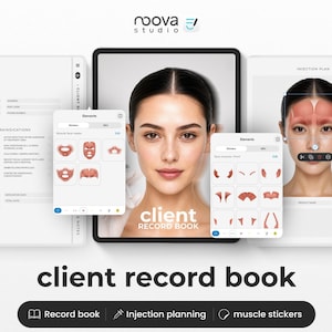 May include: A digital client record book for aesthetic procedures displayed on a tablet screen. The interface features facial muscle diagrams, injection planning tools, and muscle stickers. The text reads "noova studio" and "client record book".