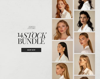 May include: A collage of 14 stock photos featuring women with different hairstyles and poses. The photos are arranged in a grid format and are all in a similar style. The text "14 STOCK BUNDLE" and "SHOP NOW" is displayed on the image.
