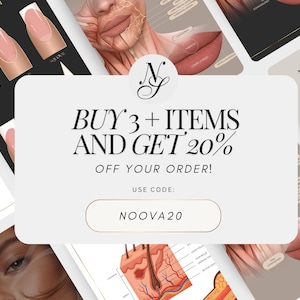 Peut inclure: Image promotionnelle sur fond blanc avec le texte &laquo;&nbsp;ACHETEZ 3+ ARTICLES ET OBTENEZ 20% DE R&Eacute;DUCTION SUR VOTRE COMMANDE&nbsp;!&nbsp;&raquo; et le code &laquo;&nbsp;NOOVA20&nbsp;&raquo;. L'image comprend &eacute;galement des illustrations de formes d'ongles et des sch&eacute;mas anatomiques.