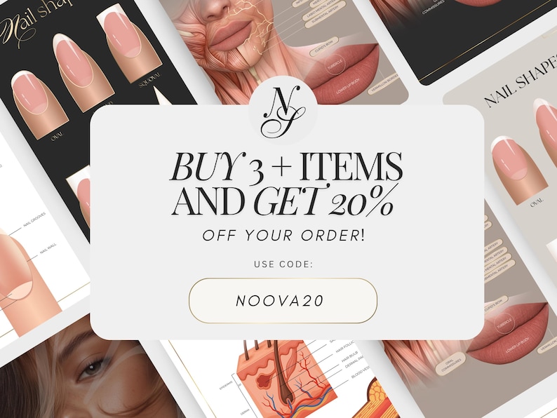 Peut inclure: Image promotionnelle sur fond blanc avec le texte &laquo;&nbsp;ACHETEZ 3+ ARTICLES ET OBTENEZ 20% DE R&Eacute;DUCTION SUR VOTRE COMMANDE&nbsp;!&nbsp;&raquo; et le code &laquo;&nbsp;NOOVA20&nbsp;&raquo;. L'image comprend &eacute;galement des illustrations de formes d'ongles et des sch&eacute;mas anatomiques.
