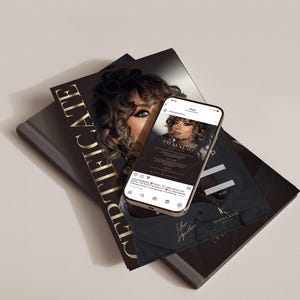 May include: A smartphone displaying a social media post about training rests on a stack of black magazines. The magazines have gold lettering that reads "CERTIFICATE" and feature a woman's face. The phone screen shows a woman's face and the word "TRAINING".
