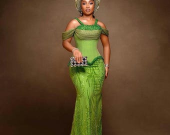 Afrikaanse kleding, kanten jurk, voorbeeldkanten jurk, Afrikaanse stijlvolle jurk, Afrikaanse outfit, damesmodejurk, kleding voor evenement in Ankara, eenvoudige inheemse kleding