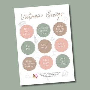 VIETNAM BINGOKAART | Stadsreisbingo | Afdrukbaar reiscadeau | Cadeau voor reizigers | Groepsreisspel | Stedentrip | Bon Voyage-cadeau