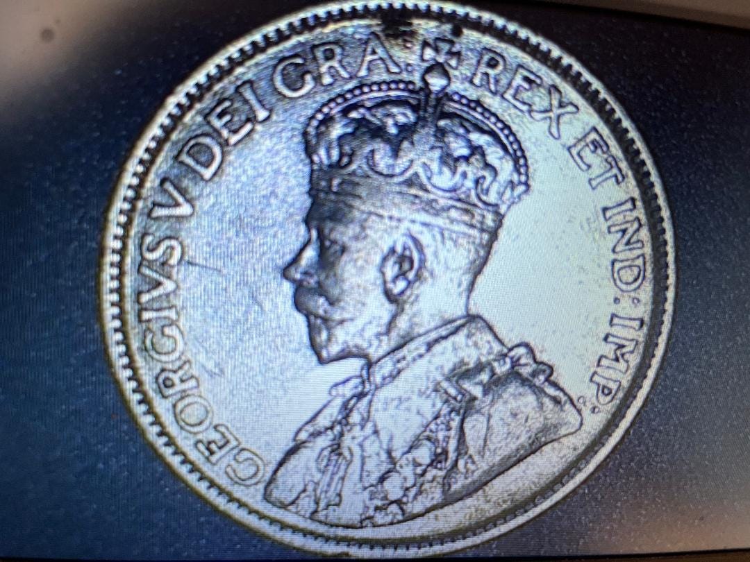 1918年カナダ25セント銀貨。ジョージ5世、第一次世界大戦時代。VF流通