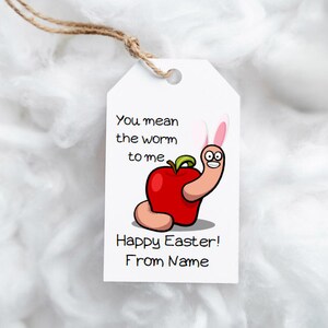 May include: A white gift tag with a cartoon worm wearing bunny ears and holding a red apple. The text on the tag reads "You mean the worm to me. Happy Easter! From Name."