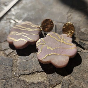 Pink & Gold Flower Shaped Marble Agate Handmade Polymer Clay Earrings