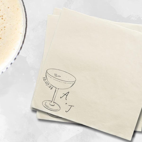 Custom Cocktail Napkins, Martini Design, Personalized Wedding Decor, Minimalist Reception, Monogram, Classic Style