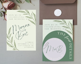 Modern Olive Branch Customizable Wedding Invite Template, Easy to Customize,  Includes Editable Invite, Detail, and RSVP Cards