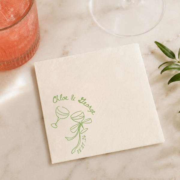 Personalized Bow Cocktail Napkins, Hand Drawn Illustration, Custom Wedding Decor, Bridal Shower, Vintage Style