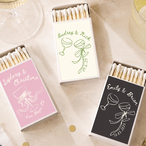 Personalized Cocktail Matches, Custom Wedding Matchboxes, Bow Matchbox Favors, Bridal Shower Favor, Engagement Party